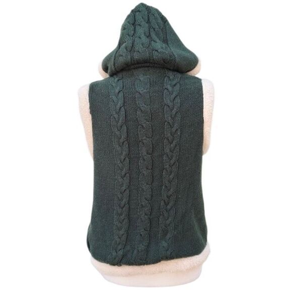 Carducci Cable Knit Green Vest Cream Faux Fur Trim Lined Hood Women’s Size Large - Picture 11 of 11